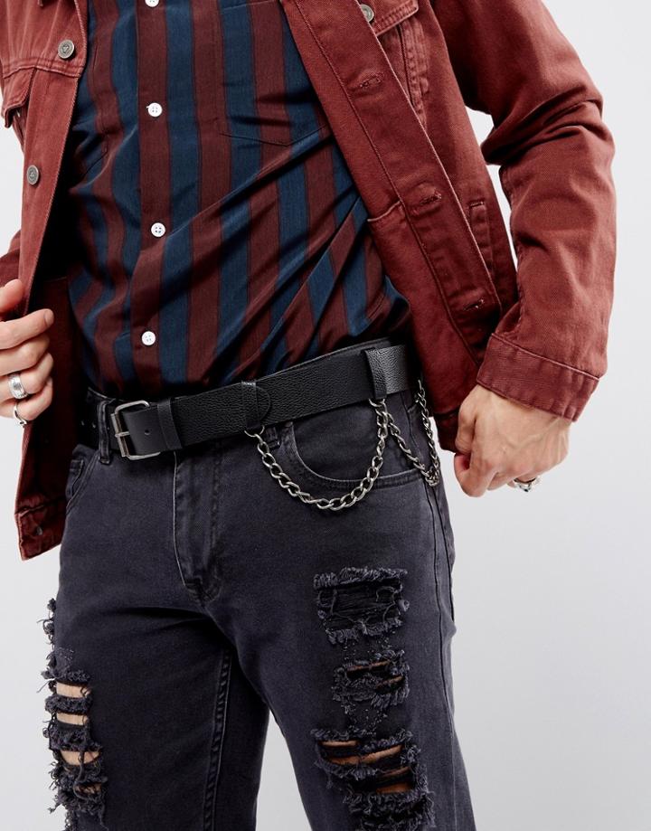 Asos Wide Belt In Black Faux Leather With Chain Detail - Black