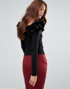 Club L V Neck Frill Detailed Shoulder Top - Black