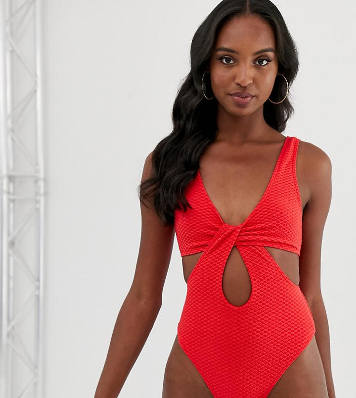 Asos Design Tall Recycled Textured Cross Waist Swimsuit In Red