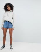 Asos Denim High Waist Hot Pants In Midwash Blue - Blue