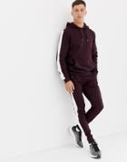 Asos Design Tracksuit Hoodie/skinny Joggers With Side Stripe In Burgundy - Red