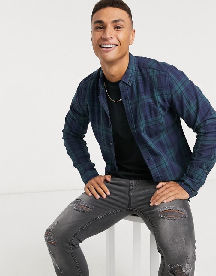Asos Design Stretch Slim Button Down Shirt In Teal Check-green