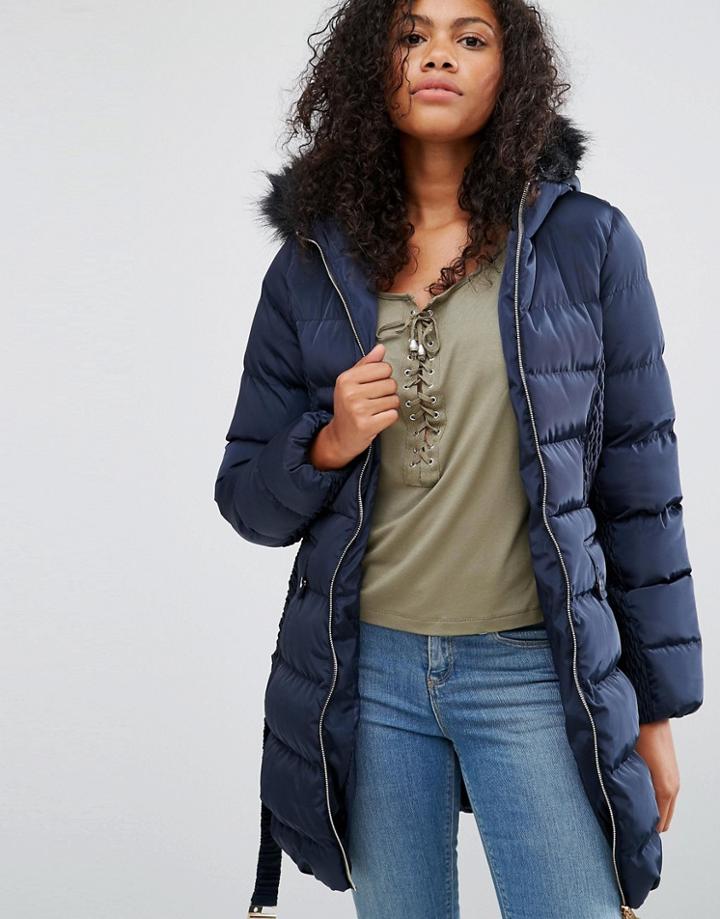 Brave Soul Padded Jacket With Belt - Navy