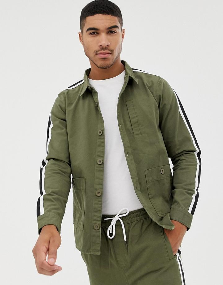 Boohooman Over Shirt Two-piece In Khaki With Side Stripe - Green