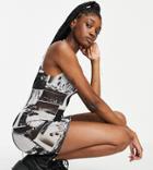 Collusion Mesh Dress With Print In Monochrome-blue