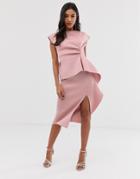 Asos Design Peplum Pencil Midi Dress With Tuck Detail-pink