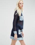 Sister Jane Carnaby Blouse In Crochet With Denim Trims - Navy
