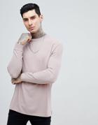 Asos Relaxed Longline Long Sleeve T-shirt In Crepe Fabric In Pink - Pink