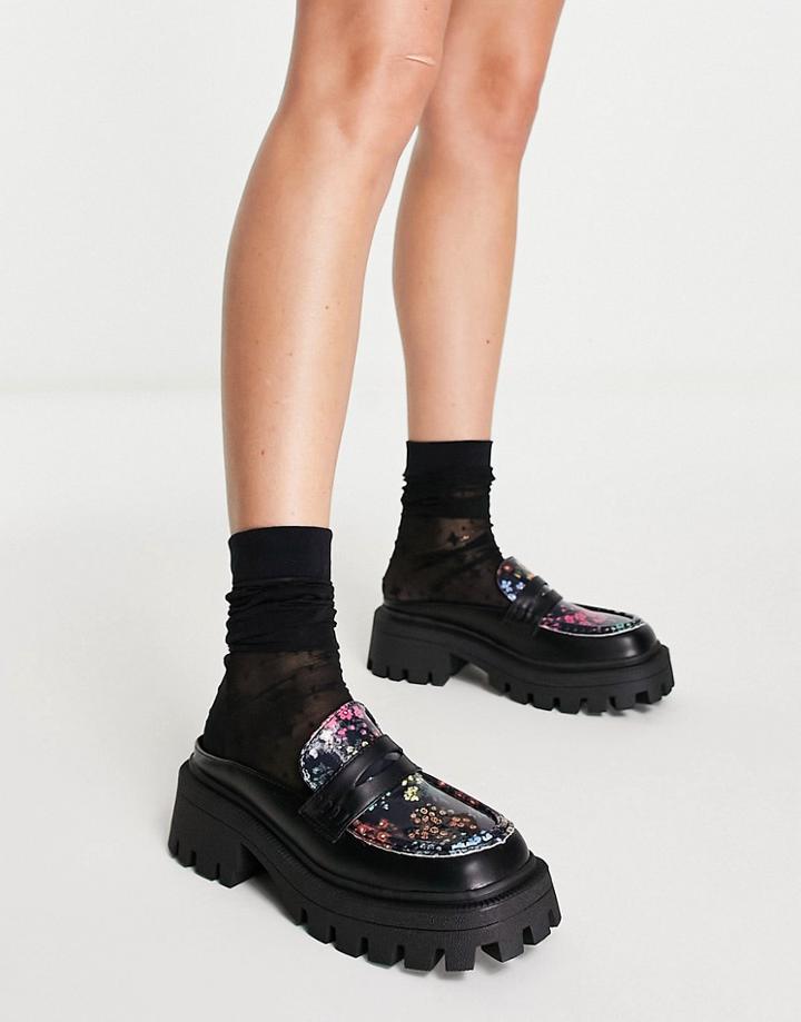 Asos Design Moment Chunky Loafer Flat Mules In Black/floral