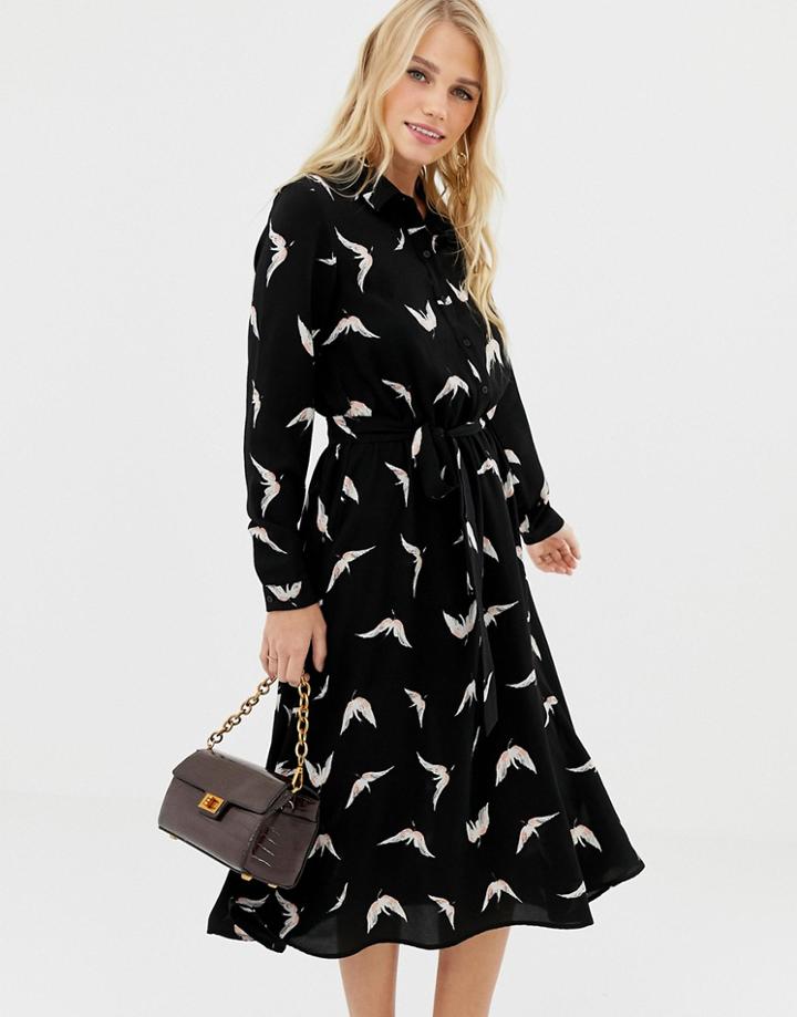 Liquorish Bird Print Midi Shirt Dress - Black