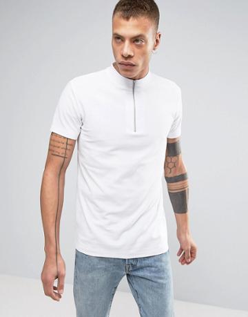 Lindbergh Pique T-shirt Zip Turtleneck In White - White