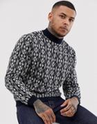 Asos Design Oversized Knitted Sweater With Geo Geo-tribal Design - Black