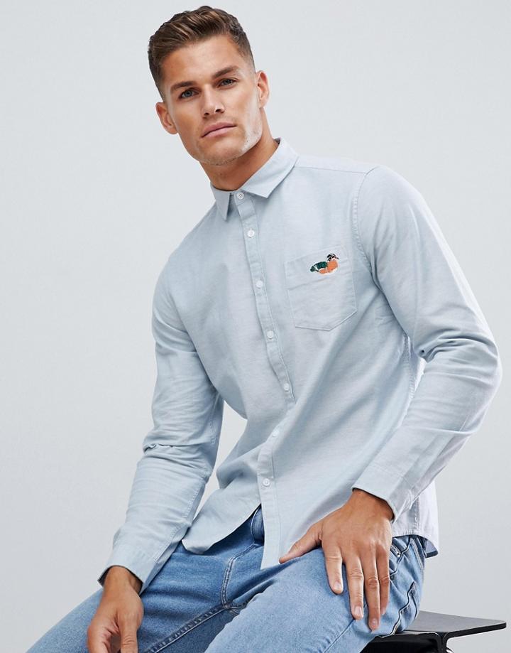 Asos Design Regular Fit Oxford Shirt In Light Blue With Duck Embroidery - Blue
