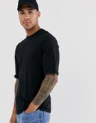 Asos Design T-shirt With Crew Neck And Mid Roll Sleeve In Black - Black