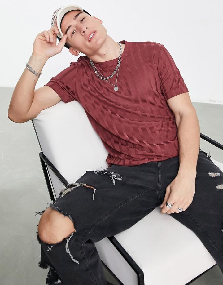 Asos Design T-shirt In Burgundy Shiny Rib-red