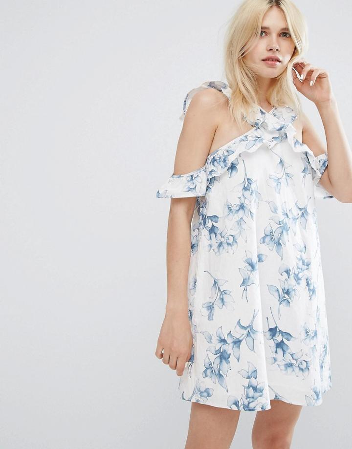 J.o.a Shift Dress With Cross Cold Shoulder Ruffle Detail In Light Floral - White