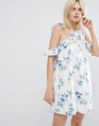 J.o.a Shift Dress With Cross Cold Shoulder Ruffle Detail In Light Floral - White
