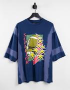Asos Design Oversized T-shirt In Blue Tie Dye With Retro Sports Graphic-blues