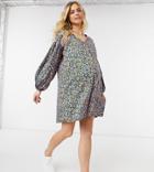 Asos Design Maternity Button Up Mini Smock Dress With Long Sleeves In Orange And Blue Floral