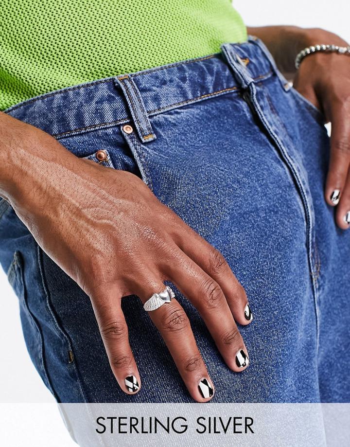 Asos Design Sterling Silver Band Ring With Heart And Wings In Silver
