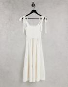 New Look Tie Strap Tiered Midi Dress In Off White