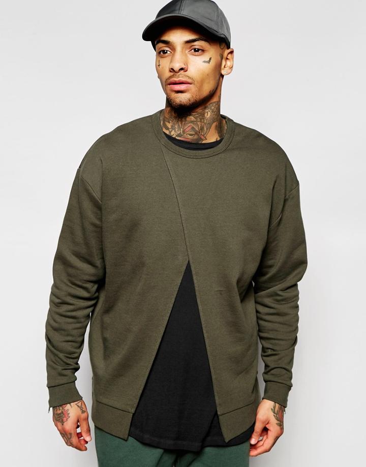 Asos Oversized Split Front Sweatshirt With Cuff Zips In Khaki - Khaki