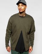 Asos Oversized Split Front Sweatshirt With Cuff Zips In Khaki - Khaki