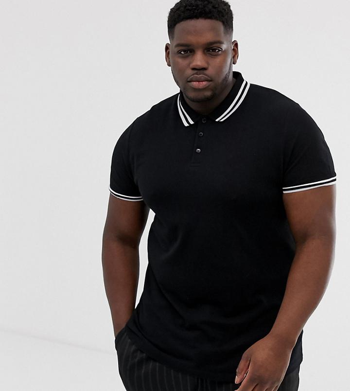 Asos Design Plus Tipped Pique Polo Shirt In Black