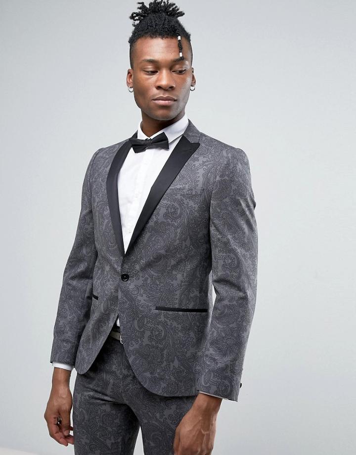 Noose & Monkey Super Skinny Tuxedo Suit Jacket In Paisley - Gray