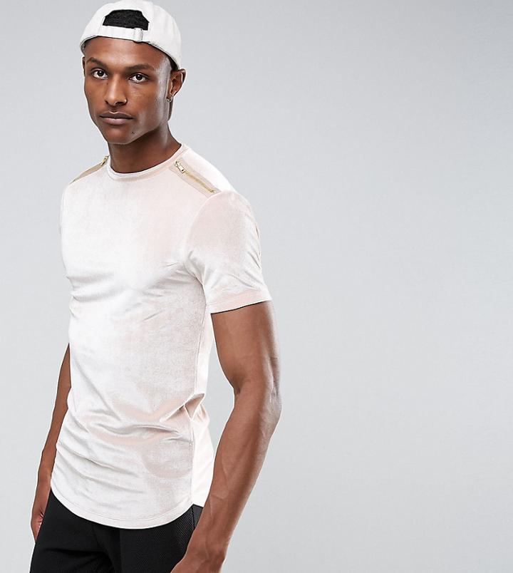 Asos Tall Longline Muscle Fit T-shirt With Zips And Curve Hem In Velour - Beige