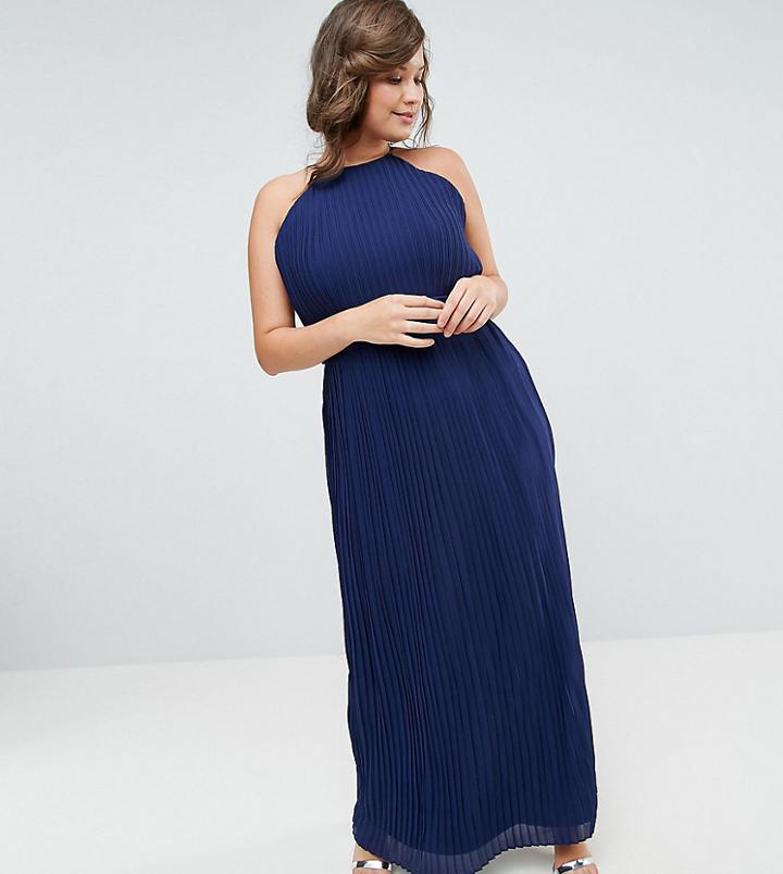Tfnc Plus Wedding High Neck Pleated Maxi Dress - Navy