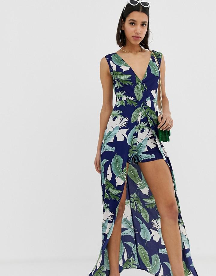 Ax Paris Tropical Print Romper - Navy