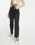 Stradivarius Slim Mom Jean With Stepped Waistband In Washed Black
