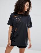 Asos T-shirt With Rip Detail In Oversized Fit - Gray