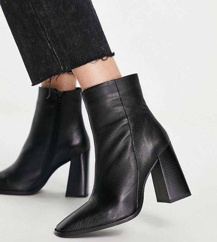 Depp Wide Fit Leather Square Toe Block Heel Boots In Black