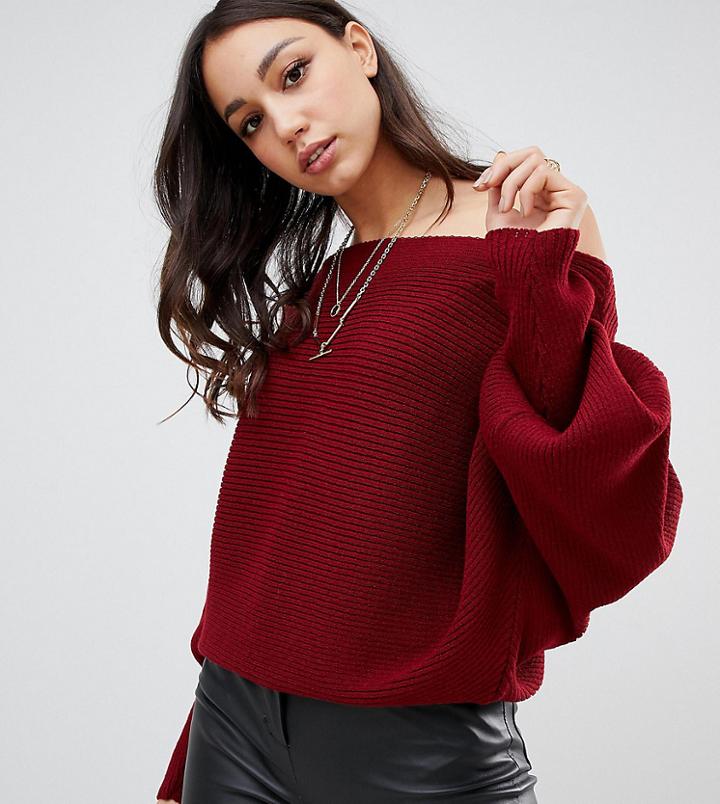 Asos Design Tall Off Shoulder Sweater In Ripple Stitch-red