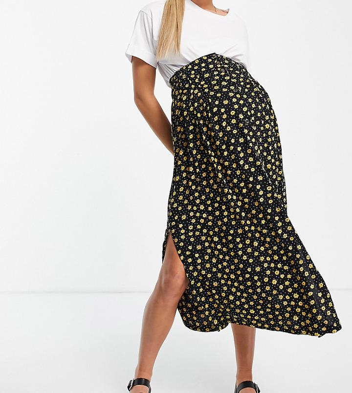 Asos Design Maternity Button Through Midi Skirt With Deep Pocket Detail In Yellow Floral And Dot Print-multi