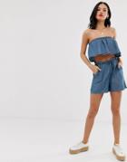 Miss Selfridge Gathered Bandeau Top In Chambray-blue