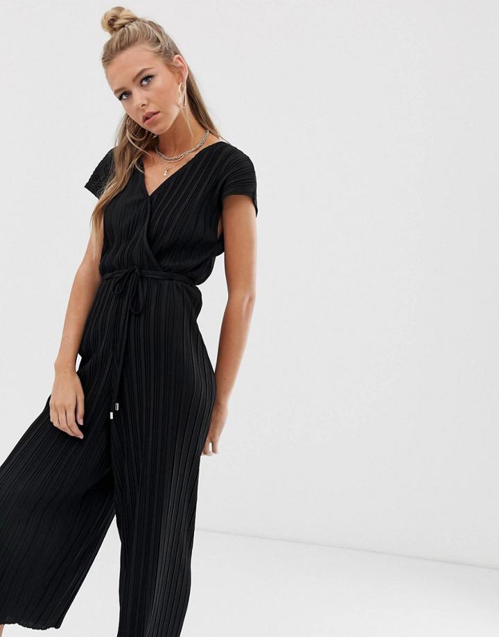 Bershka Wrap Plisse Jumpsuit In Black - Black
