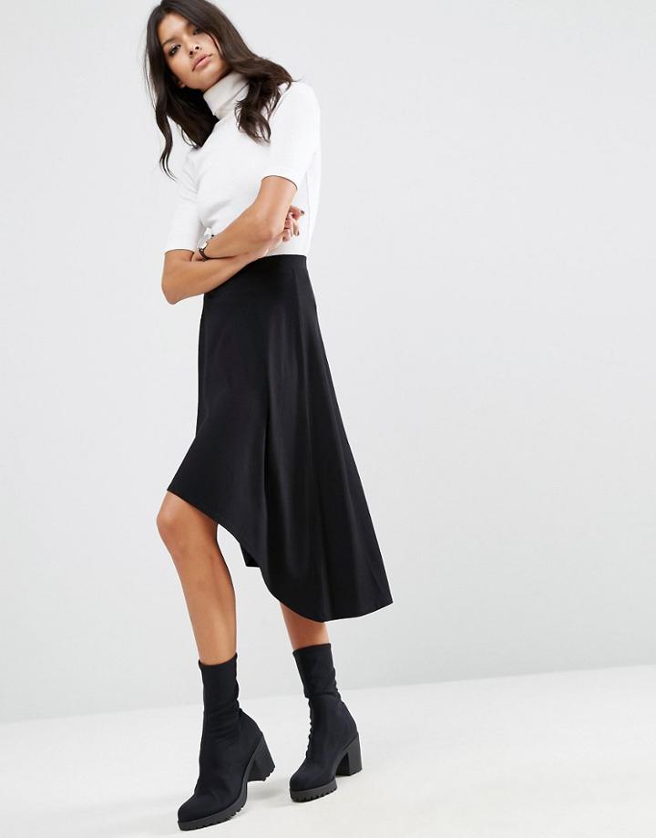 Asos Midi Skater Skirt With High Low Hem - Black