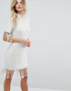 Asos Scattered Pearl Bodycon Mini Dress With Fringing - Cream