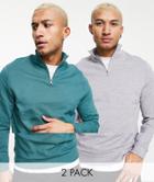 Asos Design Half Zip Sweatshirt In Gray/green 2 Pack - Multi