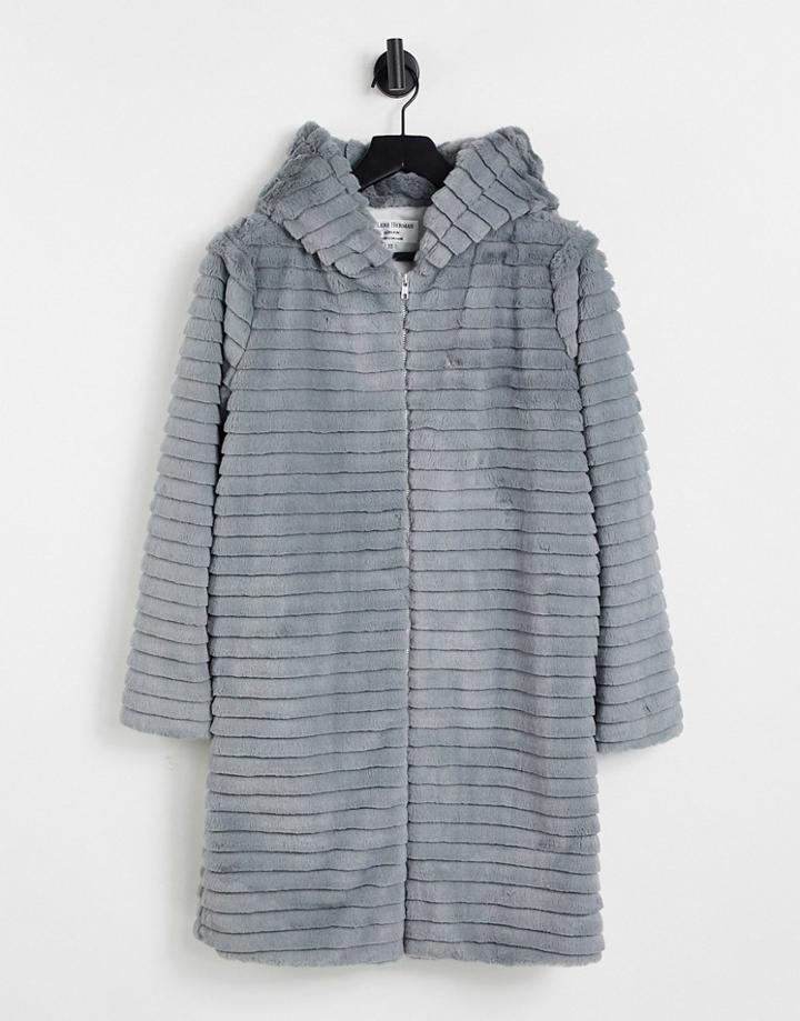 Helene Berman Long Length Faux Fur Hooded Coat In Gray-grey