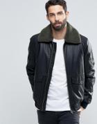 Asos Faux Leather Jacket With Fleece Collar In Black - Black