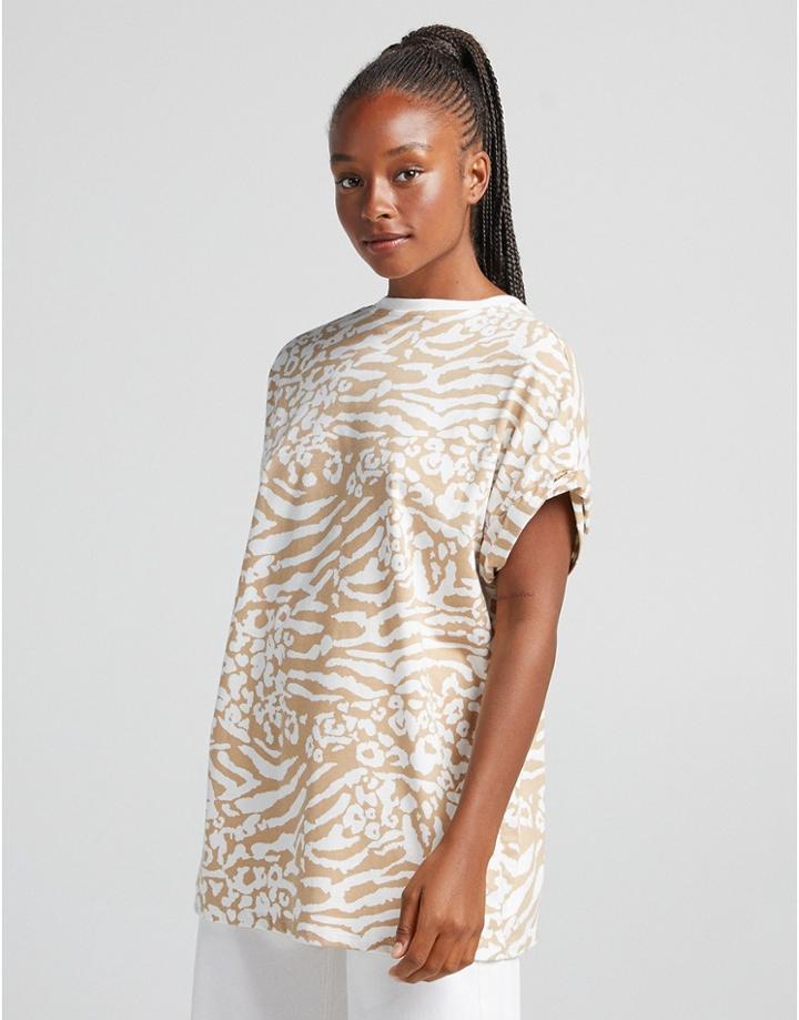 Bershka Oversized Tee In Beige Mixed Animal Print-neutral