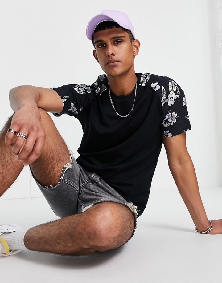 Jack & Jones Originals Floral Raglan T-shirt In Black