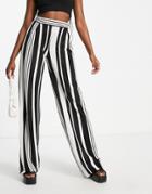 River Island Wide Leg Plisse Pants In Black Stripe