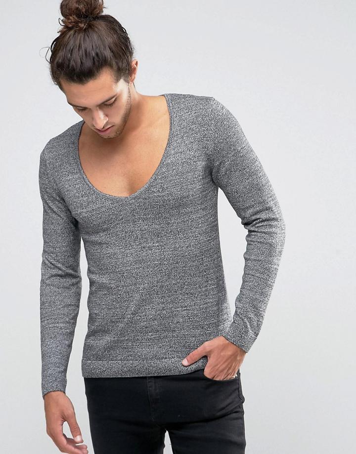 Asos Muscle Fit Sweater With Deep V Neck - Black