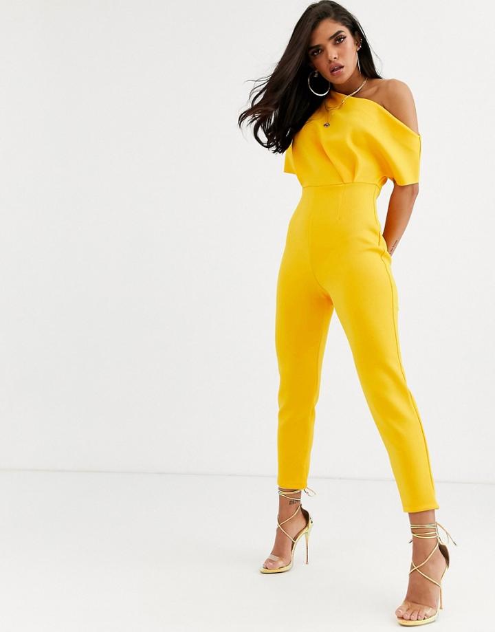 Asos Design Scuba One Shoulder Jumpsuit With Tuck Detail - Yellow