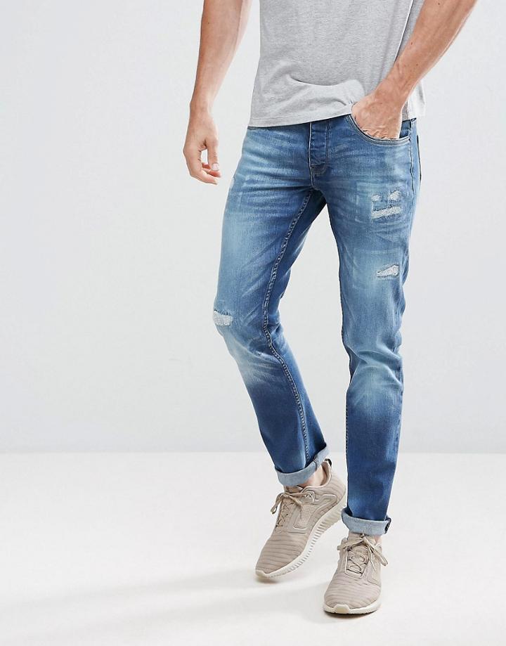 Voi Jeans Tapered Fit Jeans With Distressing - Blue